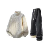 Экрю Свитер с Флисовой Подкладкой + Темно-Серые Штаны с Флисовой Подкладкой