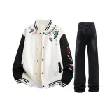 Белый [Улучшенный утеплённый 2000T, сжатый хлопок] бейсбольная куртка + черные штаны