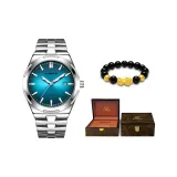 Серебряный, полосатый, синий циферблат, коричневая коробка (в комплекте с браслетом)