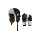 Черная шапка-ушанка + белые и черные перчатки с флисовой подкладкой