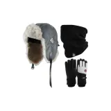 Серая шапка-ушанка + черный шарф + черно-белые перчатки