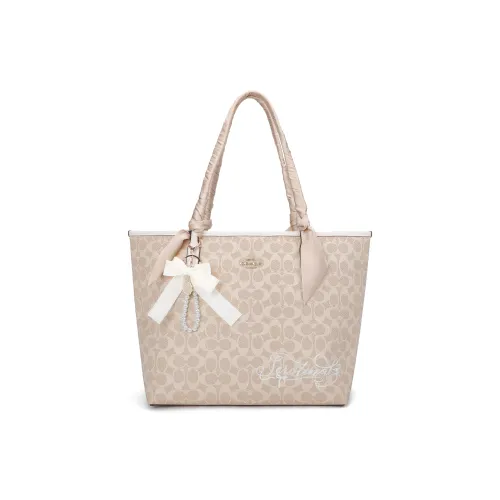 COACH Городская Плечевая Сумка из Покрытого Холста Большая Женская Песочного Цвета