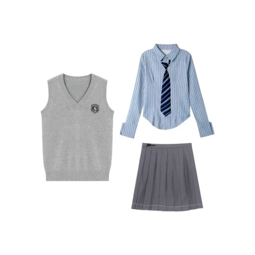Sato Supun Синие полосы Длинный рукав Рубашка + Серый с оборками Юбка + Серый Свитер Майка + Сине-белые полоски Галстук Женская Униформа