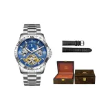 Серебряный корпус, синий циферблат, нержавеющая сталь, полоска, коричневая коробка (в комплекте с браслетом)