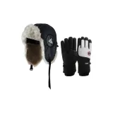 Черная шапка-ушанка + черно-белые перчатки с флисовой подкладкой