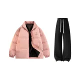 Розовый хлопковый пуховик + черные штаны с флисовой подкладкой