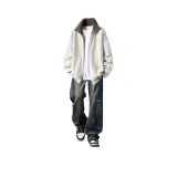 Кардиган Свитер Абрикос + Плиссированные Джинсы Синий + Длинный рукав Белый [Трехкомпонентный комплект]