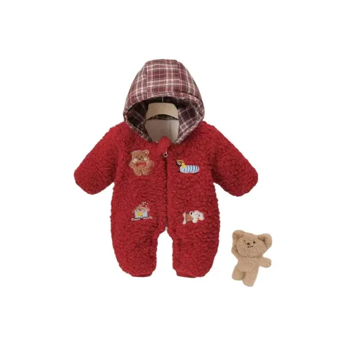 FrogPrince Красный A 2 В клетку Шляпа Вышивка С подкладкой из шерпы Утепленный комбинезон One Piece Малыш