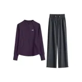 Темно-фиолетовое пальто, двухкомпонентный комплект (серые штаны)