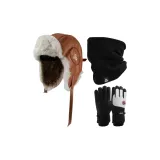 Коричневая шапка-ушанка + черный шарф + черно-белые перчатки