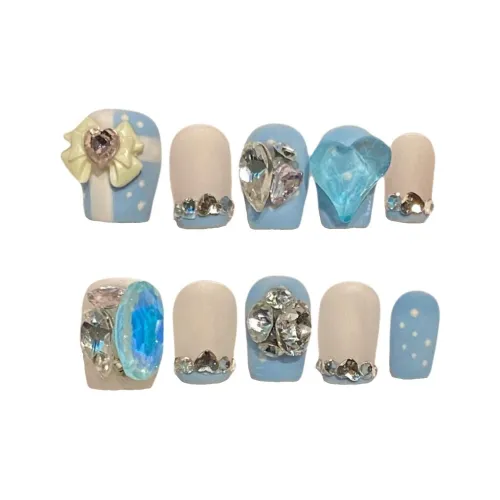 Gentle Welcome Элегантность Pure Desire Full Ромб Бант False Nail Короткий LADDER Ледяная прозрачность Синий Smudge Французский