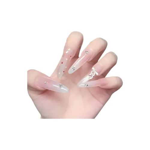 T Z Pure Вода Шелковая лента Бант Кошачий глаз False Nail MID Длина Миндаль Телесный Градиентный Французский