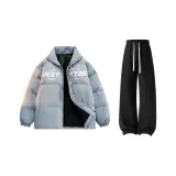 Светло-синий хлопковый пуховик + черные штаны с флисовой подкладкой