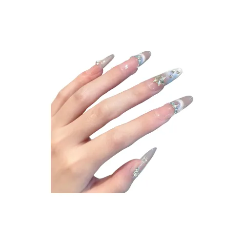 LEMONAIL Искрящийся Снежинка Стразы Handcrafted False Nail MID Длина Заостренный Телесный Размытый Однотонный S M L XL