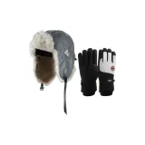 Серый шапка-ушанка + черно-белые перчатки с флисовой подкладкой