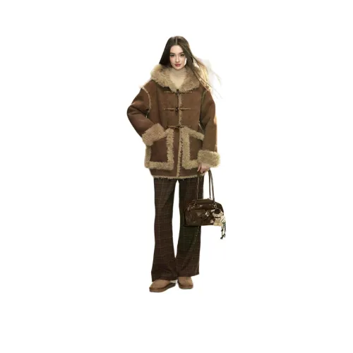 LIZIXIAN Кабошон Кофе Пуговица из бычьего рога Пальто Женские Меховые изделия