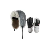 Серый шапка-ушанка + белая и черная перчатка с флисовой подкладкой