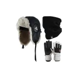 Черная шапка-ушанка + черный шарф + белые черные перчатки