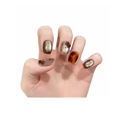 T Z Осенний Зимний Amber Светлый Bowknot Кошачий глаз False Nail Короткий Brown Shades Gradient Cute