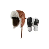 Коричневая шапка-ушанка + белая и черная перчатка с флисовой подкладкой