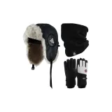 Черная шапка-ушанка + черный шарф + черно-белые перчатки