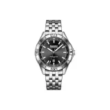 Серебряный корпус с черным циферблатом, серебряный стальной браслет