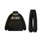 Чёрный хлопковый пуховик + чёрные штаны с флисовой подкладкой