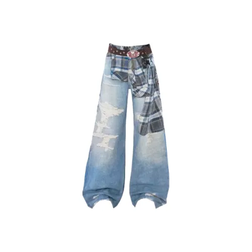 SNEIKLAU Синий [Патч Рваные Расклешенные Штаны] Унисекс Джинсы