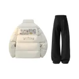 Айвори Белый Хлопковый пуховик + Черные штаны с флисовой подкладкой