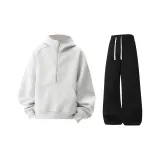 Белый Фотиния Серый Свитшот + Черные Спортивные Штаны [Утолщенный и с Флисовой Подкладкой Улучшенный Комплект]
