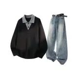 Чёрный топ + синие штаны