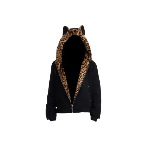 W9H2 Черный Леопардовый принт Кошка Ухо Унисекс Пуховики