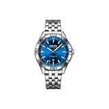 Серебряный корпус, синий циферблат, серебряный стальной браслет