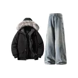 Чёрное пальто + синие штаны