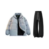 Светло-синий хлопковый пуховик + черные штаны с флисовой подкладкой