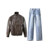 Коричневый топ + синие штаны