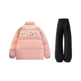 Розовый хлопковый пуховик + черные штаны с флисовой подкладкой