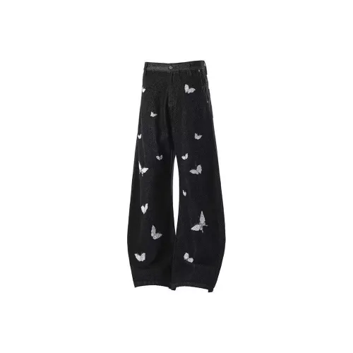 PISYPOX Черный с Бабочка Вышивка Унисекс Джинсы