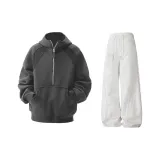 Темно-серый свитшот + вересковый белый цвет тренировочные штаны [утолщенные и с флисовой подкладкой улучшенный комплект]