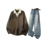 Коричневый топ + синие штаны