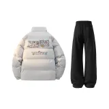 Светло-серый хлопковый пуховик + черные штаны с флисовой подкладкой