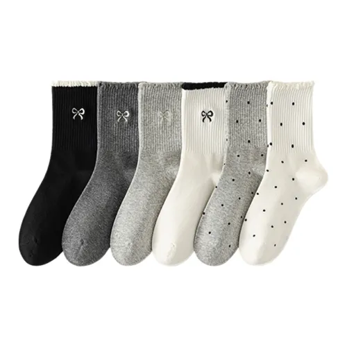 Caramella 4 пачки вышивка бант + 2 пачки в горошек женские носки MID до икры