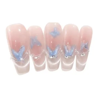 Search Blue Handcrafted False Nail Средний LADDER Розово-синий Градиентный Бант