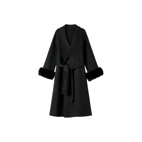 DITB Черный Настоящий мех лисы Манжета Женское пальто