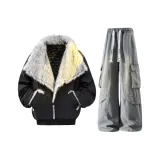 Чёрный хлопковый пуховик + грязно-жёлтые штаны