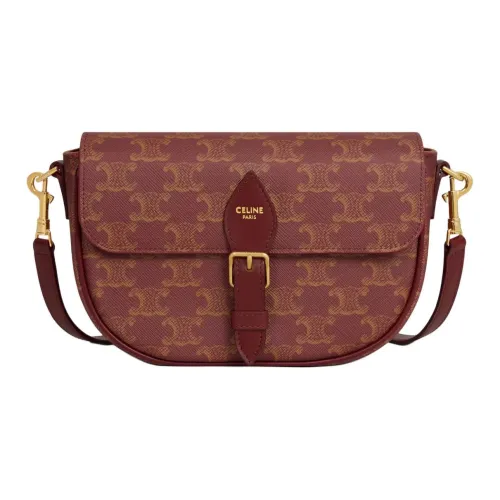 CELINE Folco TRIOMPHE Canvas Телячья кожа Сумка через плечо Женская Бордовый Красный и Коричневый Умбра