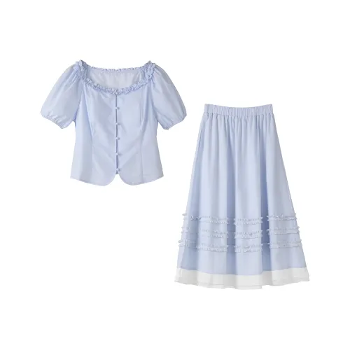 Fstudio Летний Корейский стиль Pure Круглый вырез Кружево Отделка 100% хлопок Топ Комплект с Юбкой Женские