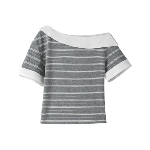 Fstudio Лето Petite Элегантность Stripes Асимметричный воротник Универсальный Off Плечо T Рубашка Женская