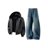 Чёрный хлопковый пуховик + винтажные синие джинсы