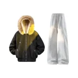 Чёрный хлопковый пуховик + белые серые флисовые штаны с подкладкой